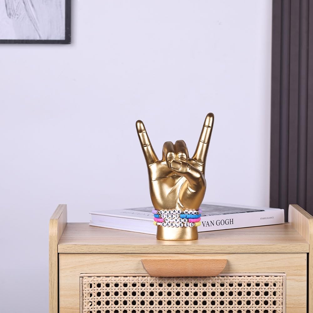 QIANLING 7.7" Gold Resin Rock On Hand Gesture Statue - Rock Culture Music Lovers' Decorative Tabletop Sculpture for Bookshelf, Desk & Mantel Decor in Home or Office, Modern Symbolic Figurine