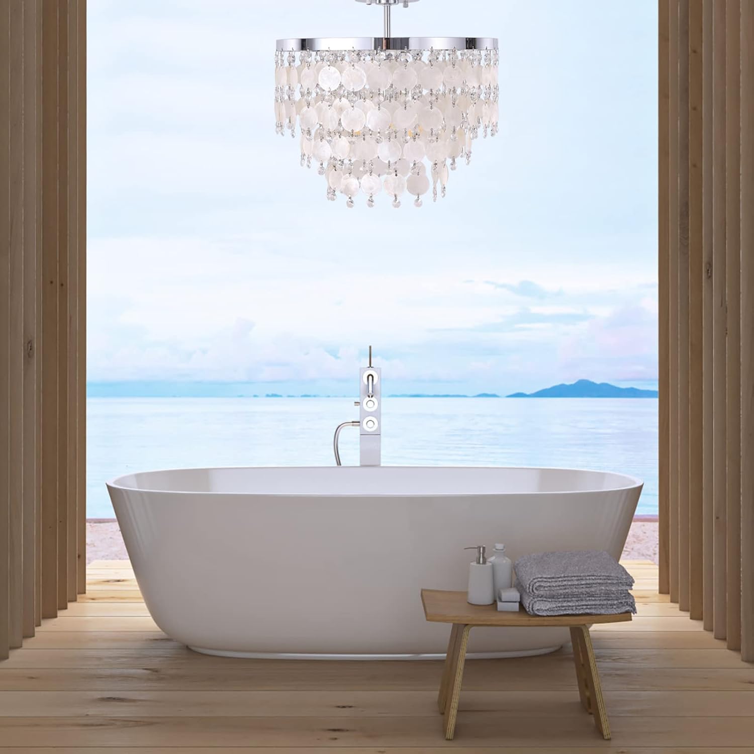 TOCHIC Modern Capiz Shell Chandelier, Boho Coastal Beach Chandelier for Bedroom, Small Semi Flush Mount Ceiling Pendant Light Fixture for Dining Living Room, Kids Room,16”W,Chrome