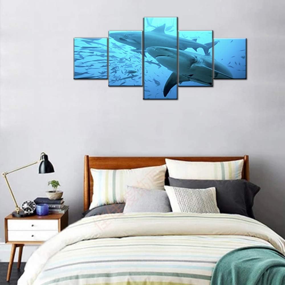 Fishing Paintings for Living Room Diving with Sharks Pictures Underewater World Wall Art Big Fish Artwork Multi Panels Prints on Canvas House Decorations Giclee Framed Ready to Hang Gift(50''Wx24''H)