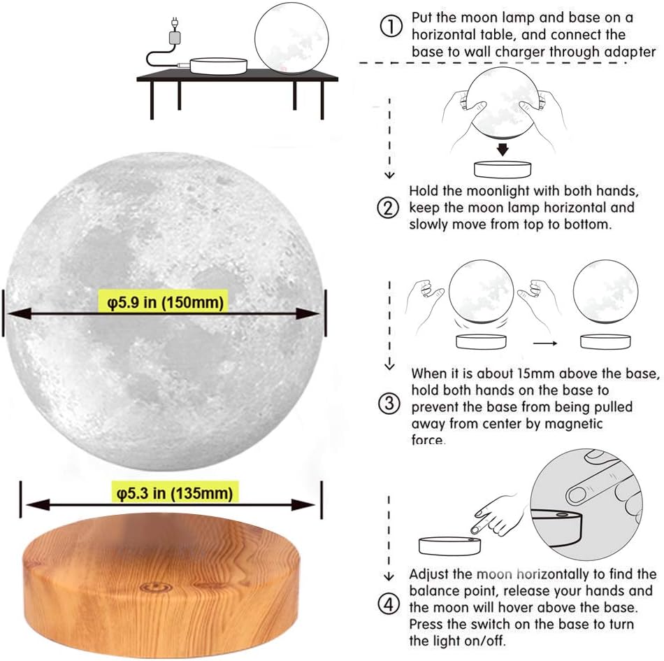 VGAzer Levitating Moon Lamp,Floating and Spinning in Air Freely with 3D Printing LED Moon Lamp Has 20 Modes for Unique Gifts,Room Decor,Night Light,Office Desk Toys (Wooden Base 16 Colors)