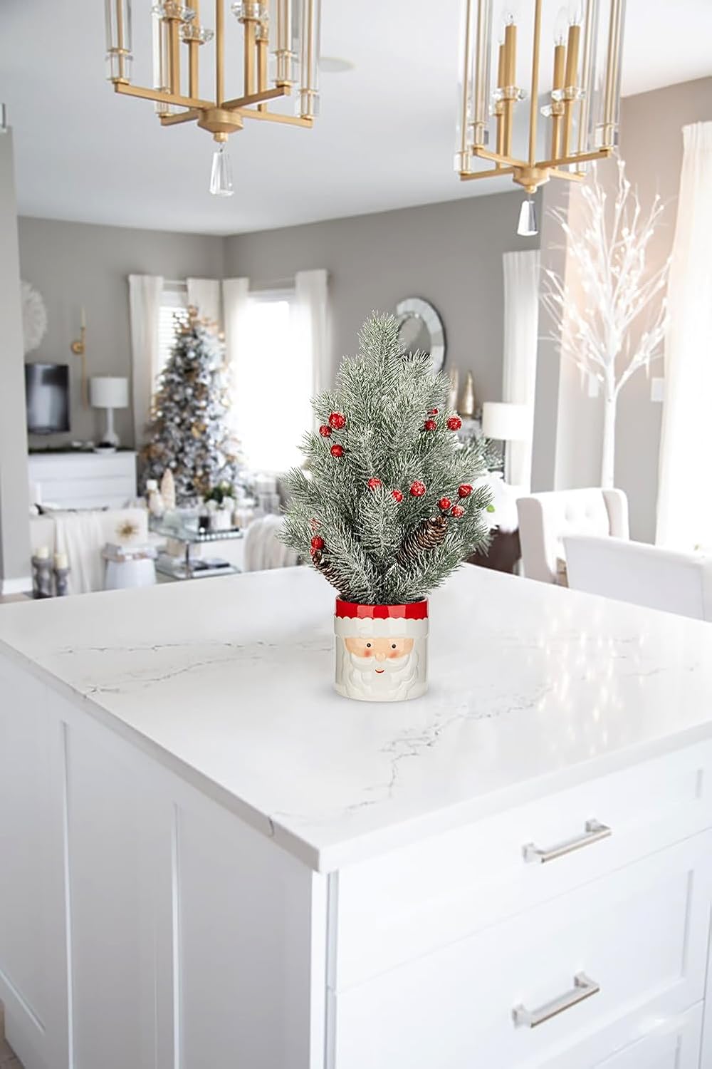 Small Christmas Tree Tabletop Snowman Potted Plants with Vase 14.2" Artificial Mini Xmas Tree Decorations Slim Pine Needles Plant with Christmas Ball Ornaments Berries Pine Cones Home Christmas Decor