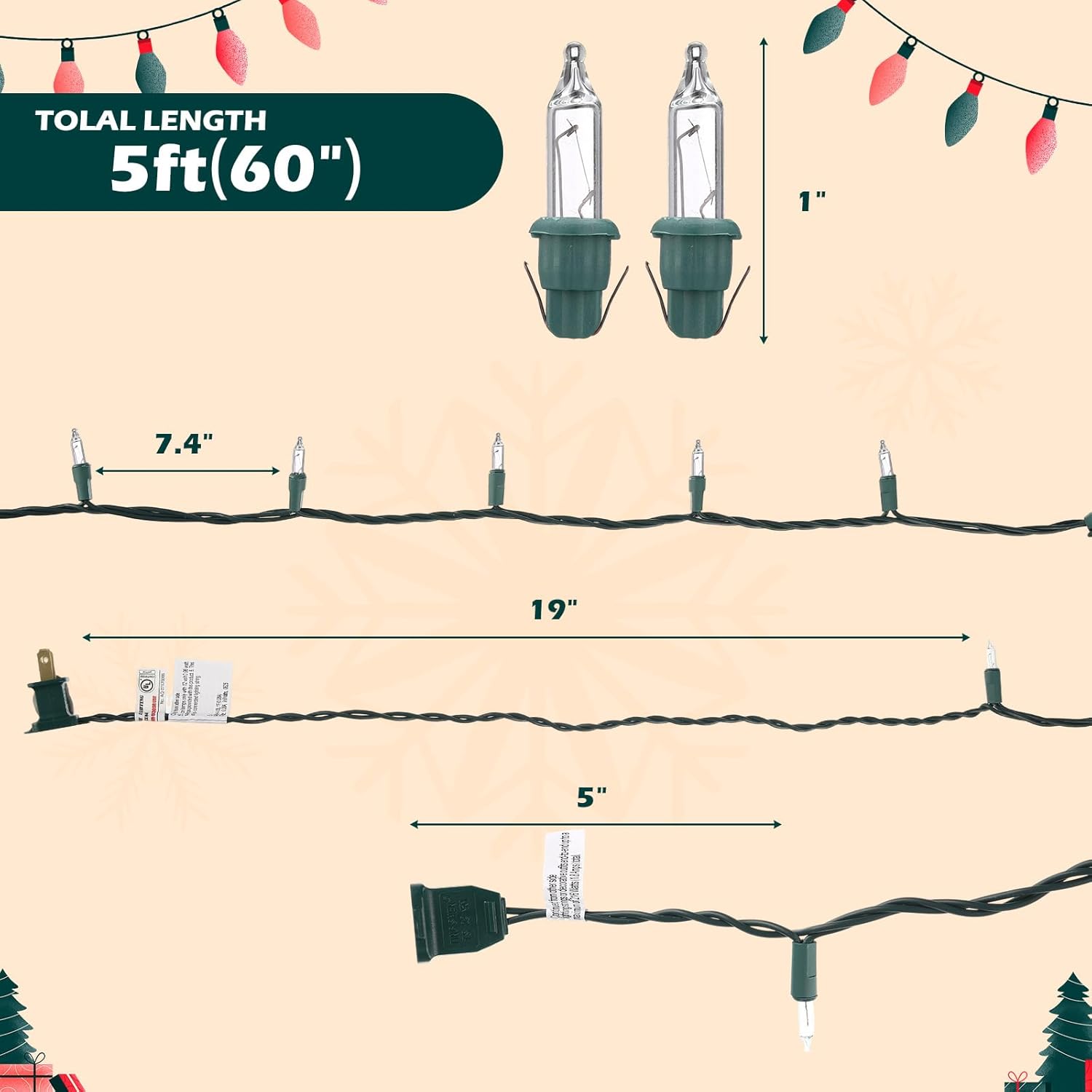 Mini Christmas Lights String Warm White Vintage Short Strand String Lights, Clear Bulbs Wire Fit Light up Christmas Decorations(10 Bulbs Connectable,5ft,Green)