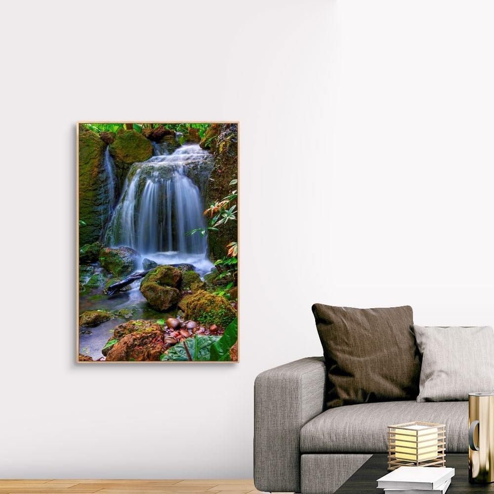 CANVAS ON DEMAND Waterfall in Tropical Rainforest of Fairchild Tropical Gardens, Natural Wood Float Framed Canvas Wall Art Print, Home Decor, Floral, Flowers, Nature Artwork, 32" x48in