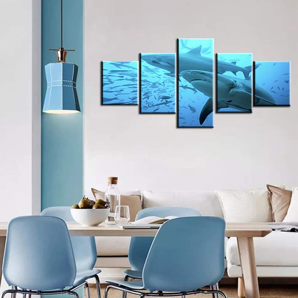 Fishing Paintings for Living Room Diving with Sharks Pictures Underewater World Wall Art Big Fish Artwork Multi Panels Prints on Canvas House Decorations Giclee Framed Ready to Hang Gift(50''Wx24''H)