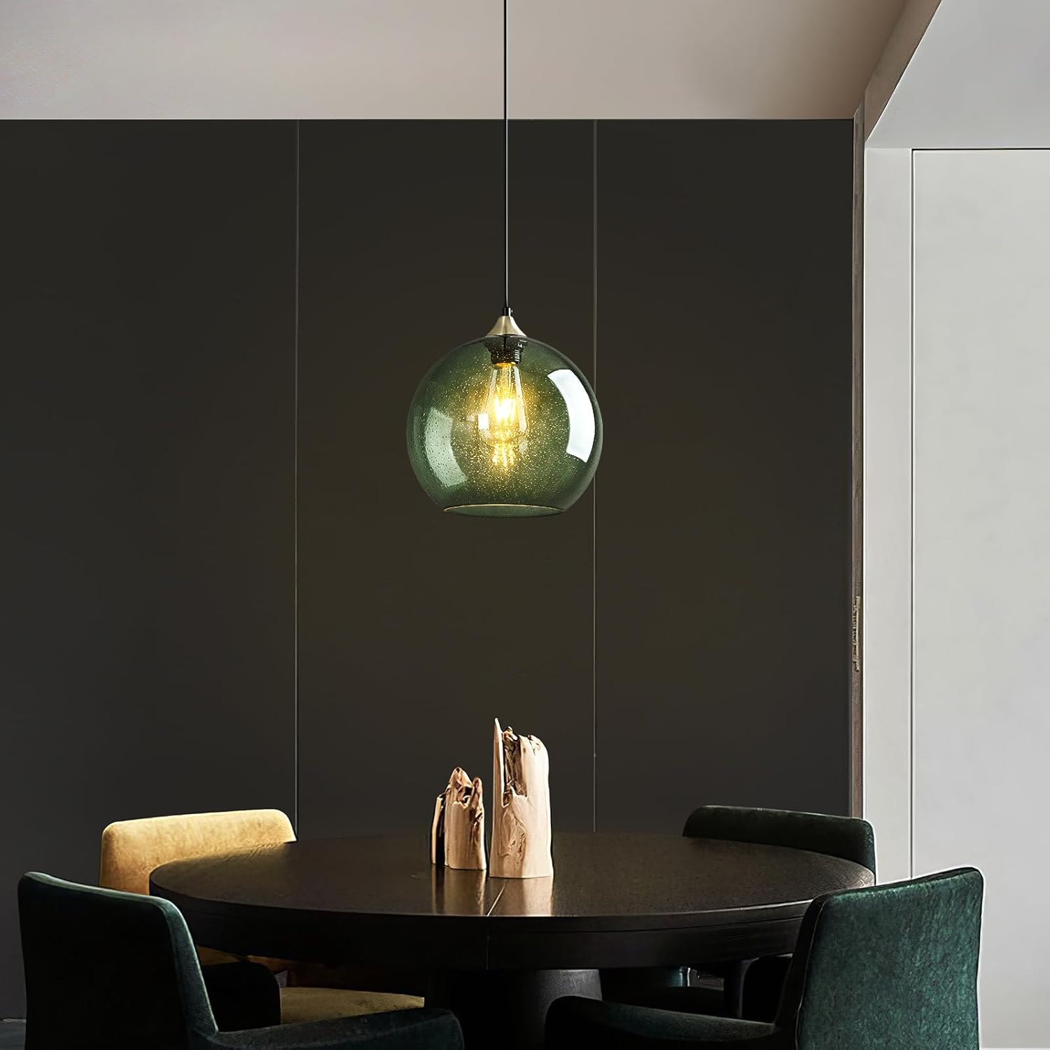 Gray Green Glass Pendant Lights Kitchen Island Lighting Globe Pendant Light Fixtures Modern Pendant Lighting for Kitchen Island Bedroom Living Dining Room Light Fixture(9.84in, 1-Pack)