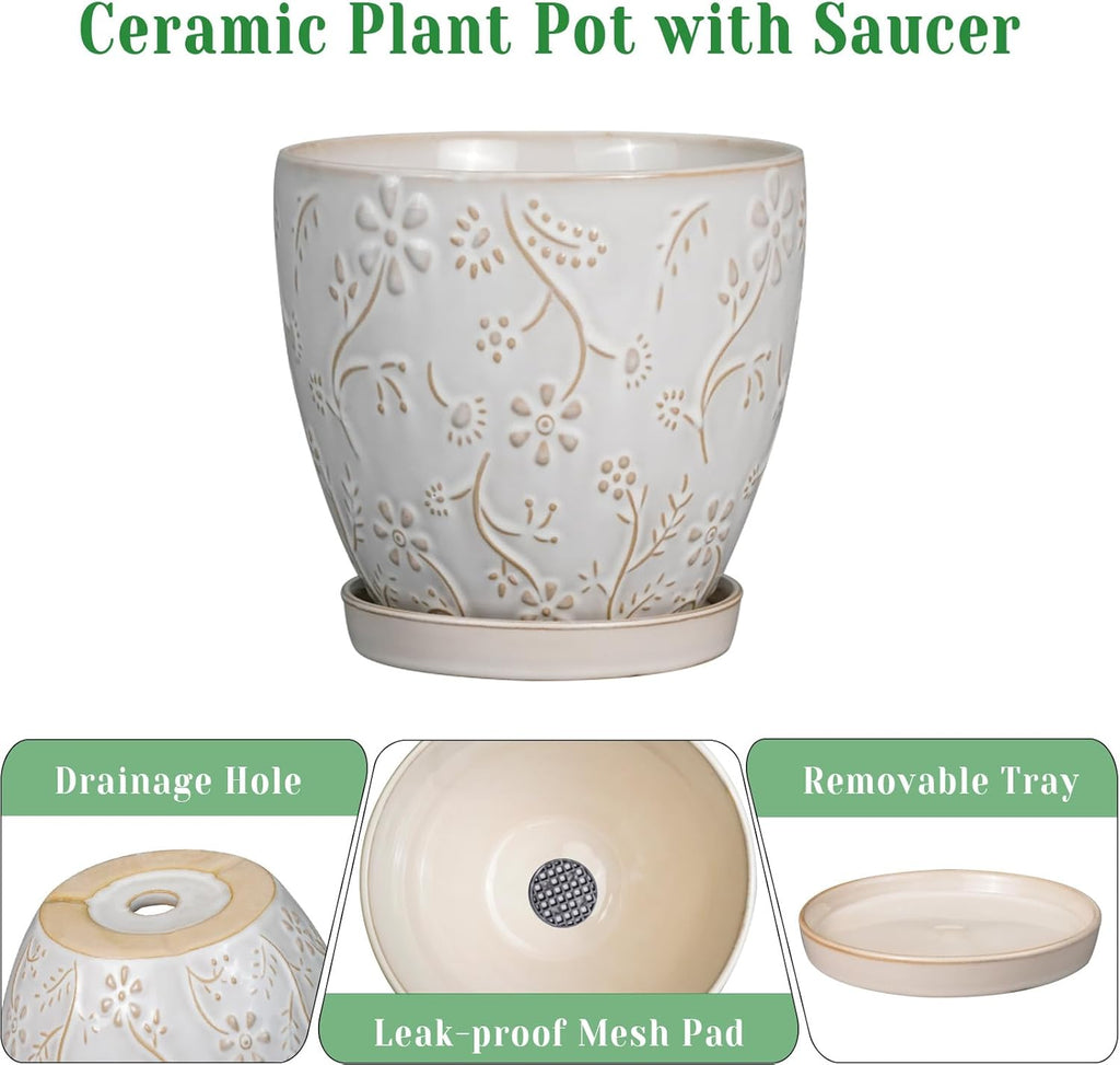 6 Inch Ceramic Plant Pot for Indoor Plants Outdoor Round Planter Flower Pot with Drainage Hole and Saucer for Home Garden Office Decor White
