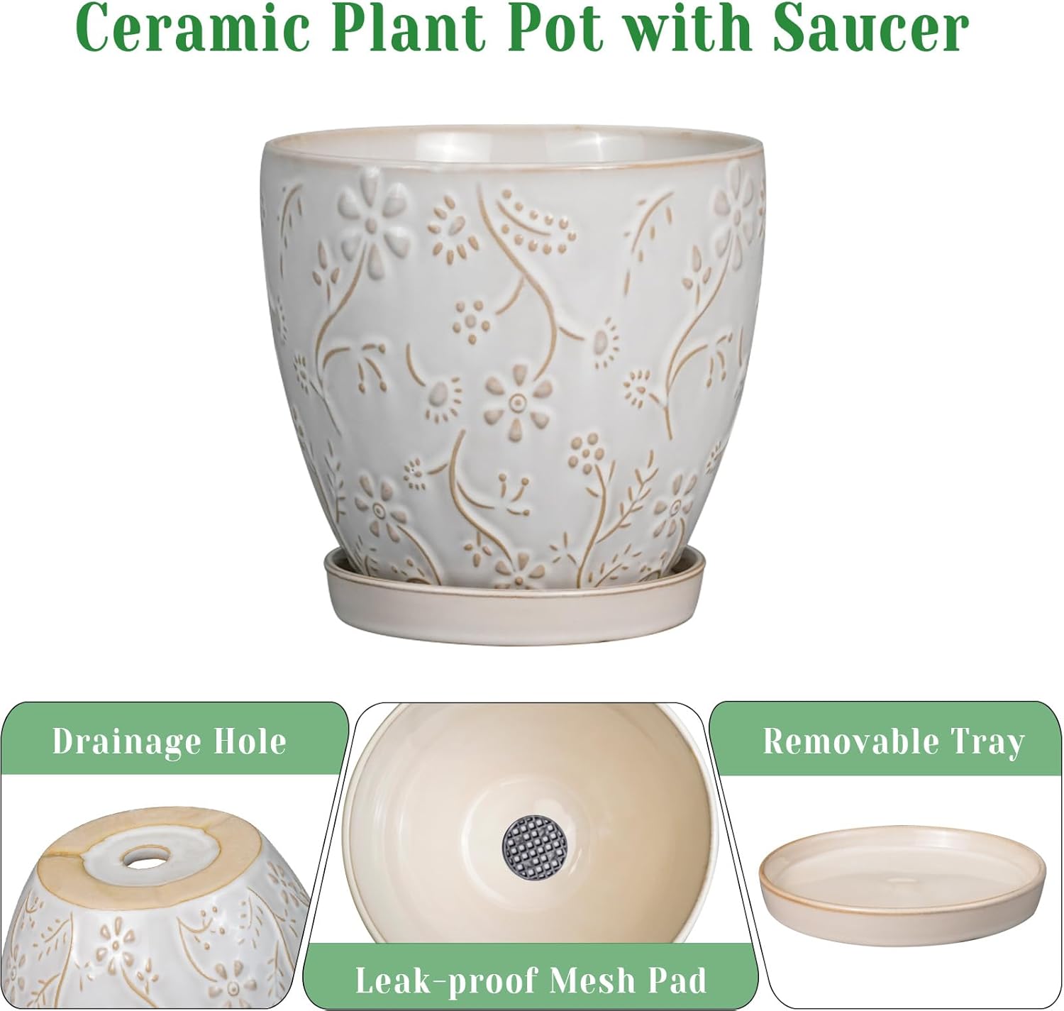6 Inch Ceramic Plant Pot for Indoor Plants Outdoor Round Planter Flower Pot with Drainage Hole and Saucer for Home Garden Office Decor White