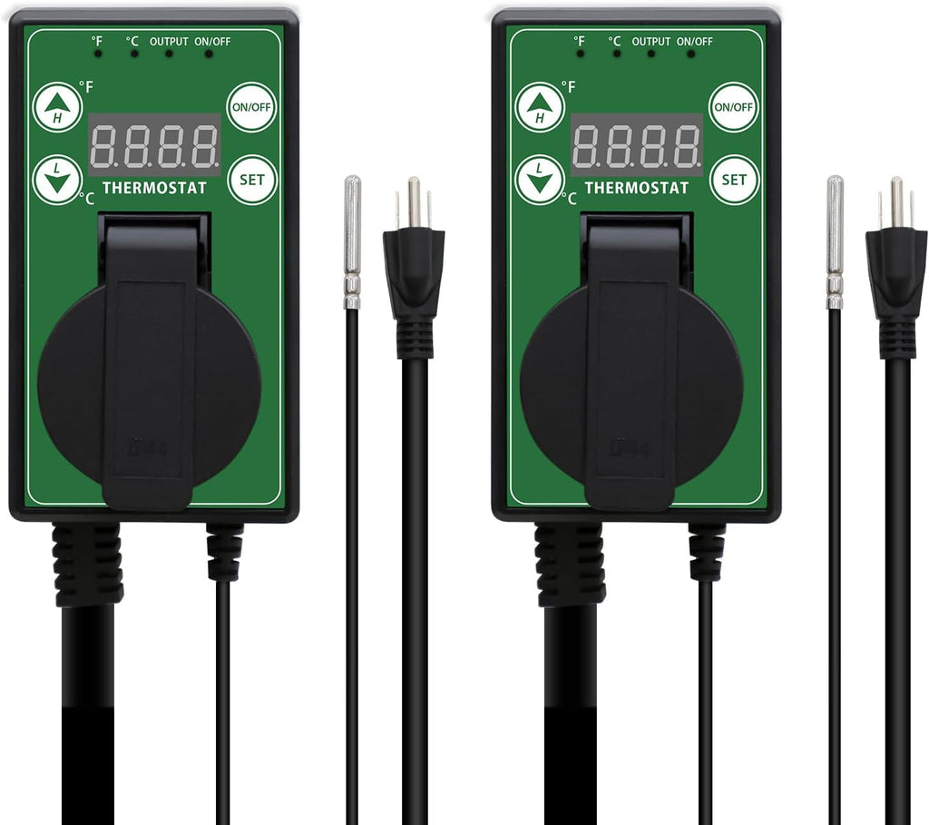 COOS BAY Digital Thermostat Controller -4 to 108°F, Temperature Control for Greenhouse Heater, Heat Mat, Grow Tent, Garage, Reptile Enclosure, Homebrew, Seedling, 15A/1500W, Green, 2 Pack