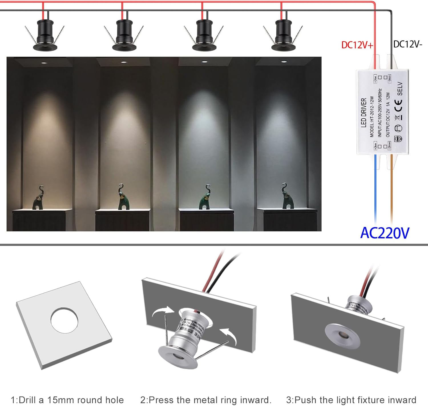 902 30°Led Mini Spotlight DC12V 1W,Suitable for bookcases,cabinets,and Various Display cabinets as Decorative Lights,Embedded Installation,Soft Lighting,with Power Supply (4000K,Black,9Pack)