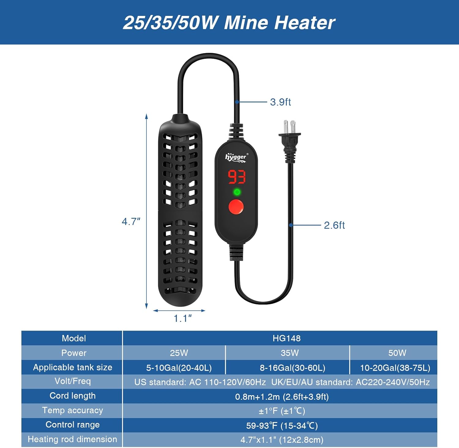 hygger 25W Small Aquarium Heater, Betta Fish Tank Heater with Adjustable Temperature External Controller and Over-Temperature Protection, for 5-10 Gallons Freshwater & Saltwater Fish Tank Turtle Tank