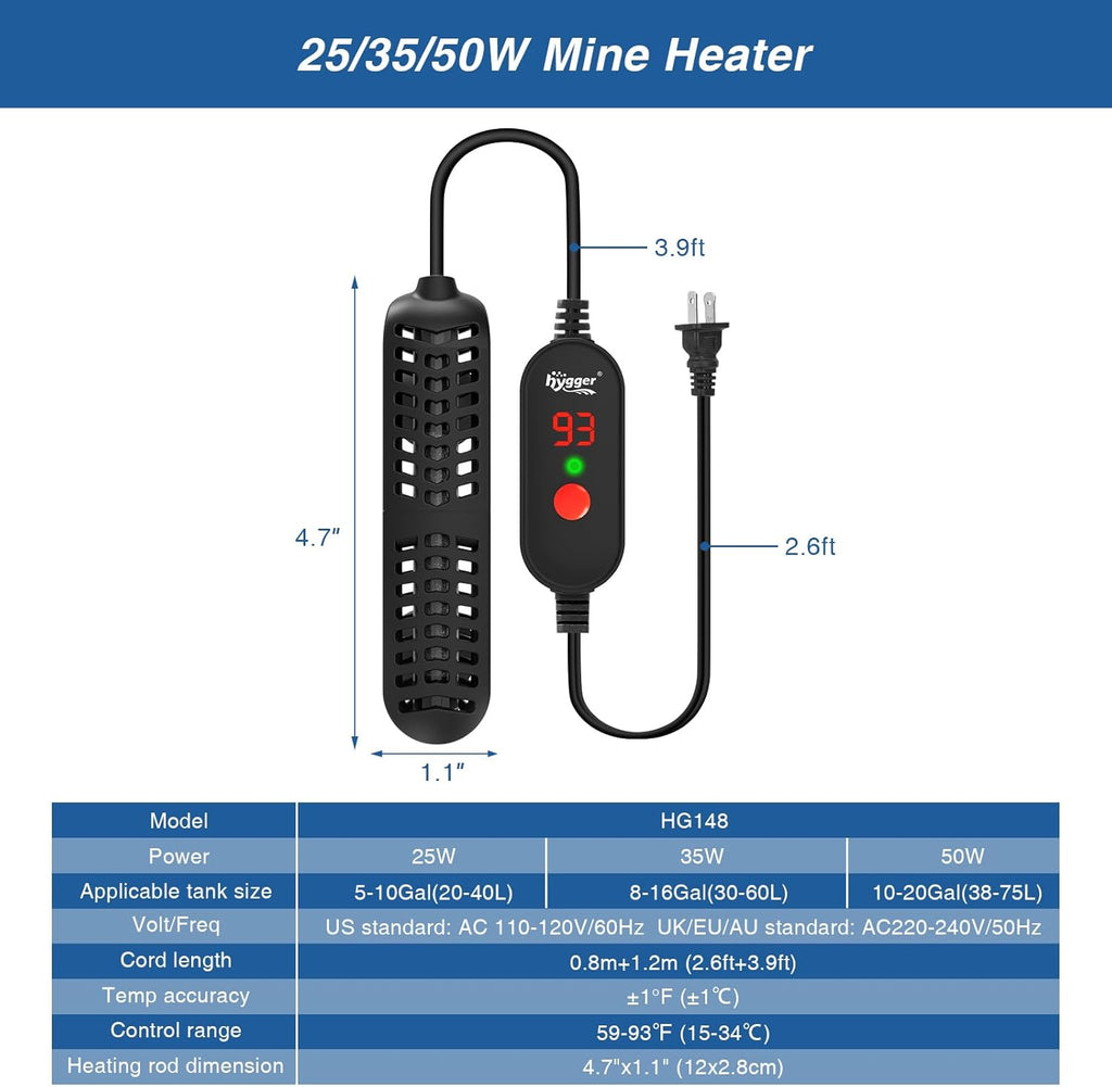 hygger 35W Small Aquarium Heater, Betta Fish Tank Heater with Adjustable Temperature External Controller and Over-Temperature Protection, for 8-16 Gallons Freshwater & Saltwater Fish Tank Turtle Tank