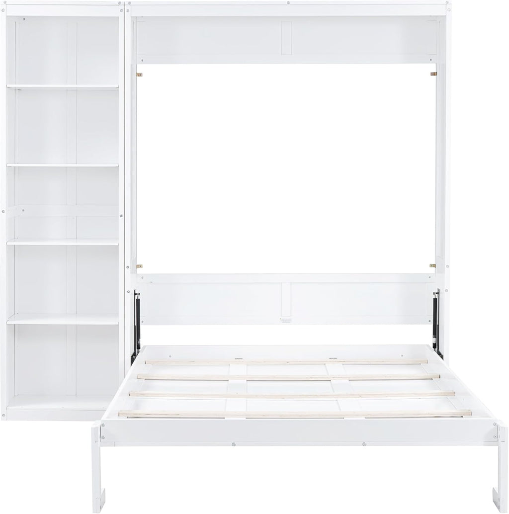 MERITLINE Queen Murphy Bed with Storage Bookcase Shelves,Wood Folding White Murphy Wall Bed Cabinet with Storage Shelves for Adults