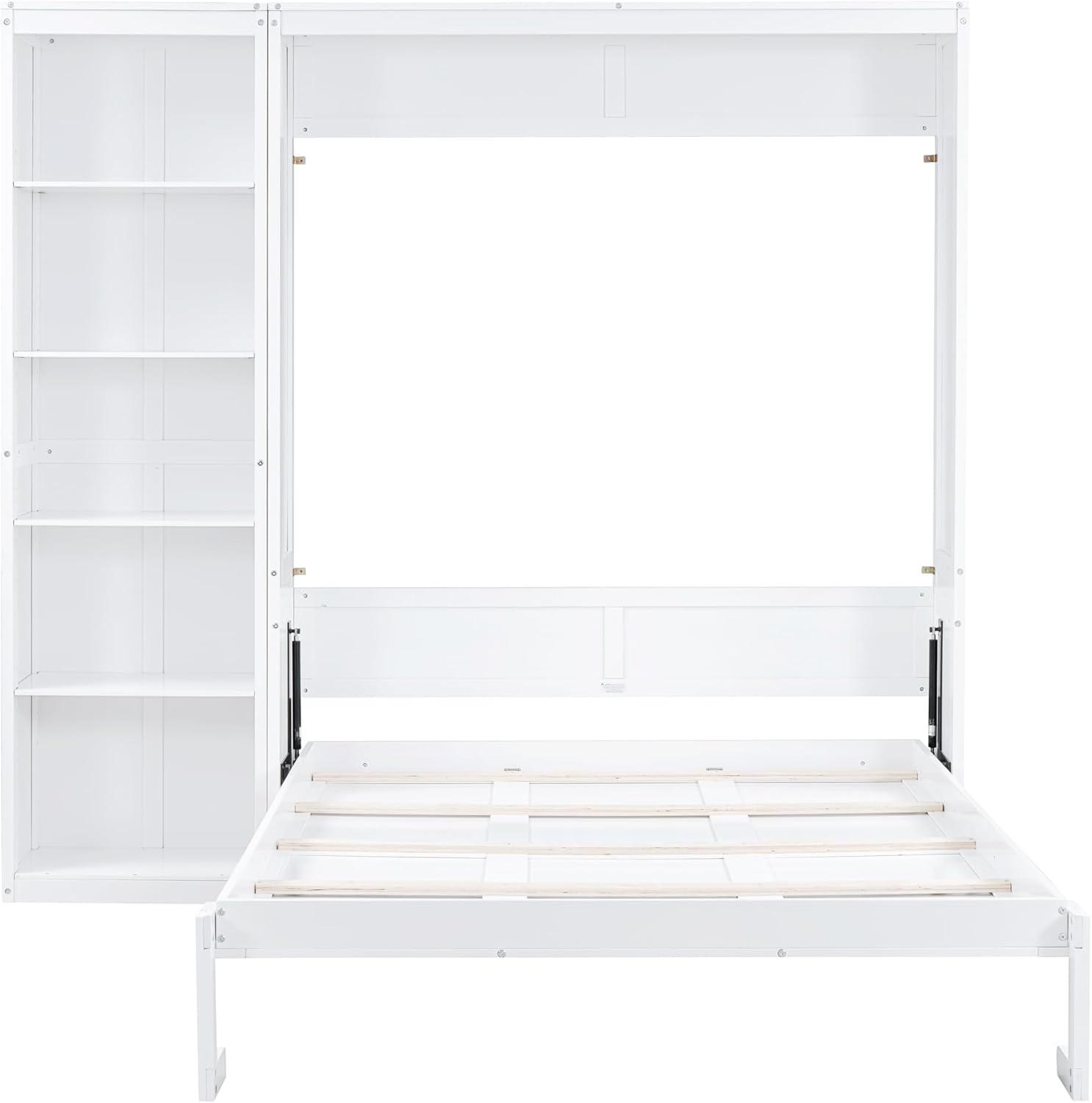 MERITLINE Queen Murphy Bed with Storage Bookcase Shelves,Wood Folding White Murphy Wall Bed Cabinet with Storage Shelves for Adults