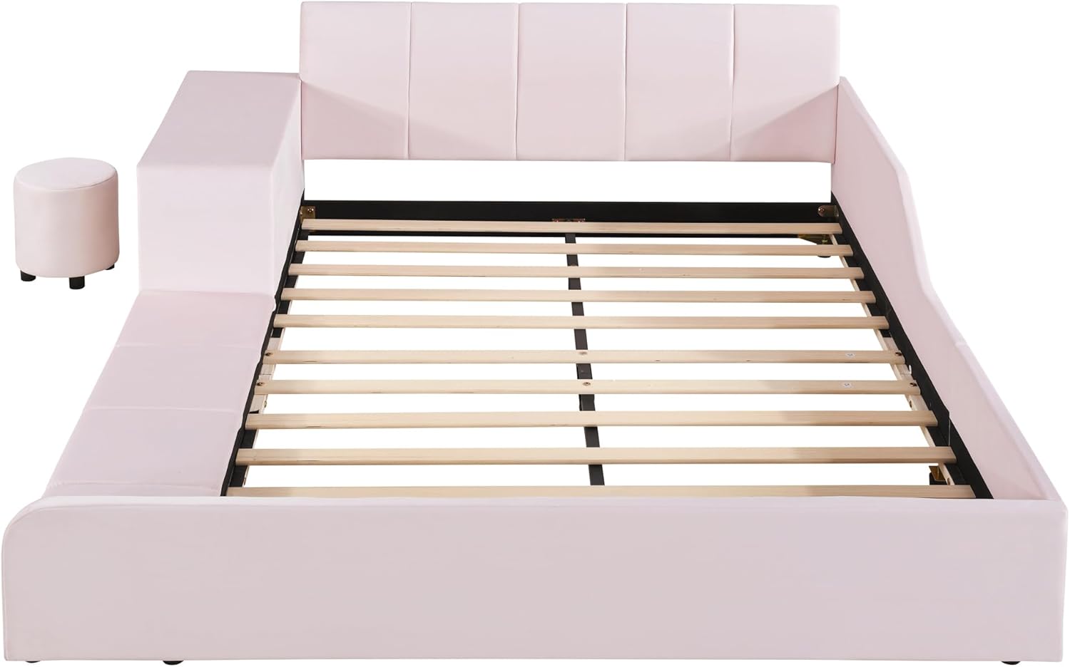 Merax Full Size Velvet Bed Frames Upholstered Grounded Bed, Wooden Mother & Child Bed with Bedside Desk and Little Round Stool,Kids Adults Bedroom Floor Platform Bed,Pink