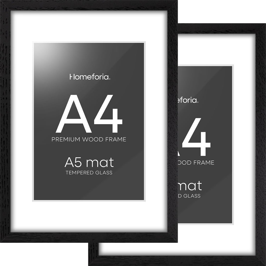 Homeforia A4 Picture Frame Black Wood, High-End Oak 8.3 x 11.7 Black Poster Frames Matted to 5.8 by 8.3 Photo, 8.3x11.7 Size Wooden Frame with Mat for 5.8x8.3 Print, Tempered Glass, Wall Kit, Set of 2
