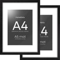Homeforia A4 Picture Frame Black Wood, High-End Oak 8.3 x 11.7 Black Poster Frames Matted to 5.8 by 8.3 Photo, 8.3x11.7 Size Wooden Frame with Mat for 5.8x8.3 Print, Tempered Glass, Wall Kit, Set of 2