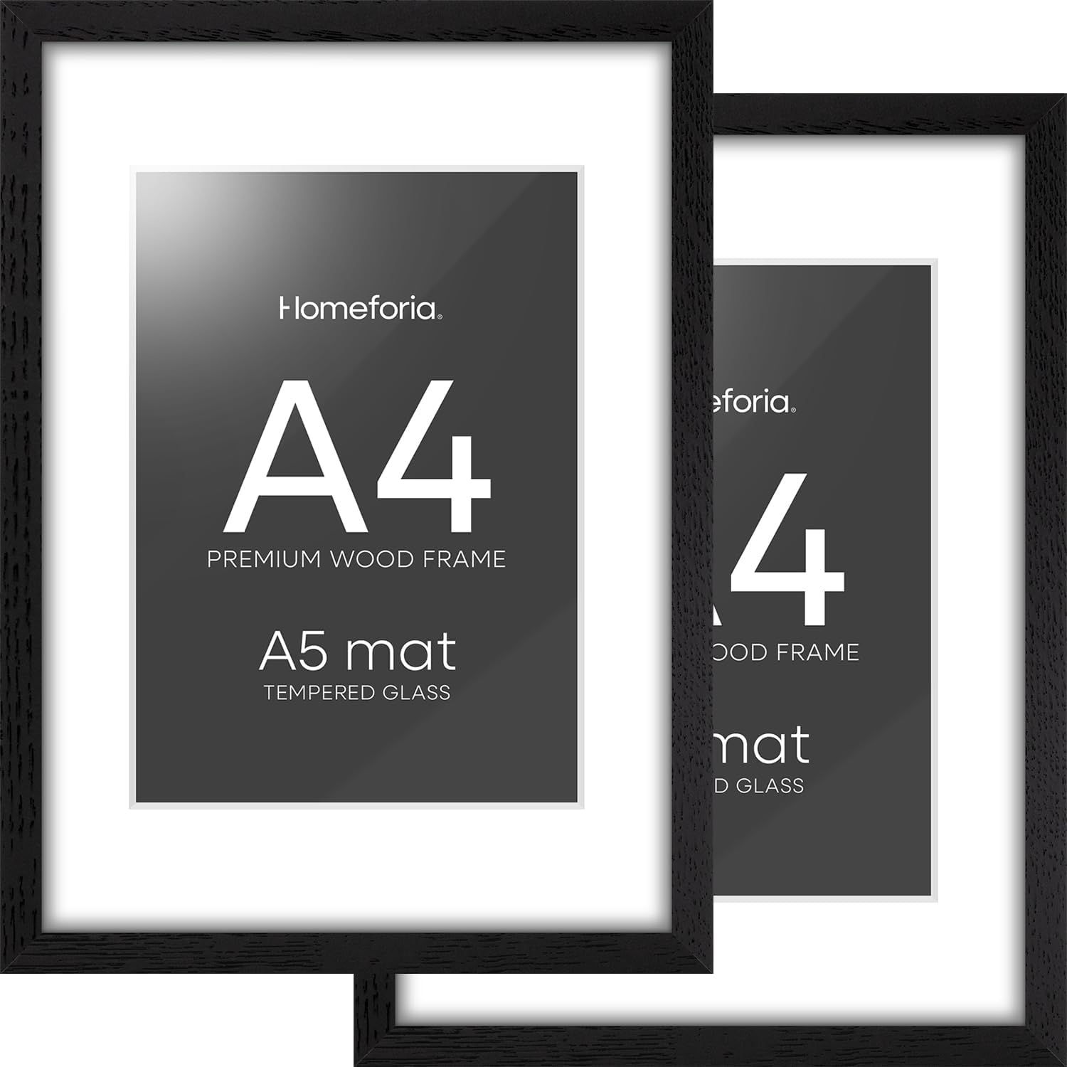 Homeforia A4 Picture Frame Black Wood, High-End Oak 8.3 x 11.7 Black Poster Frames Matted to 5.8 by 8.3 Photo, 8.3x11.7 Size Wooden Frame with Mat for 5.8x8.3 Print, Tempered Glass, Wall Kit, Set of 2