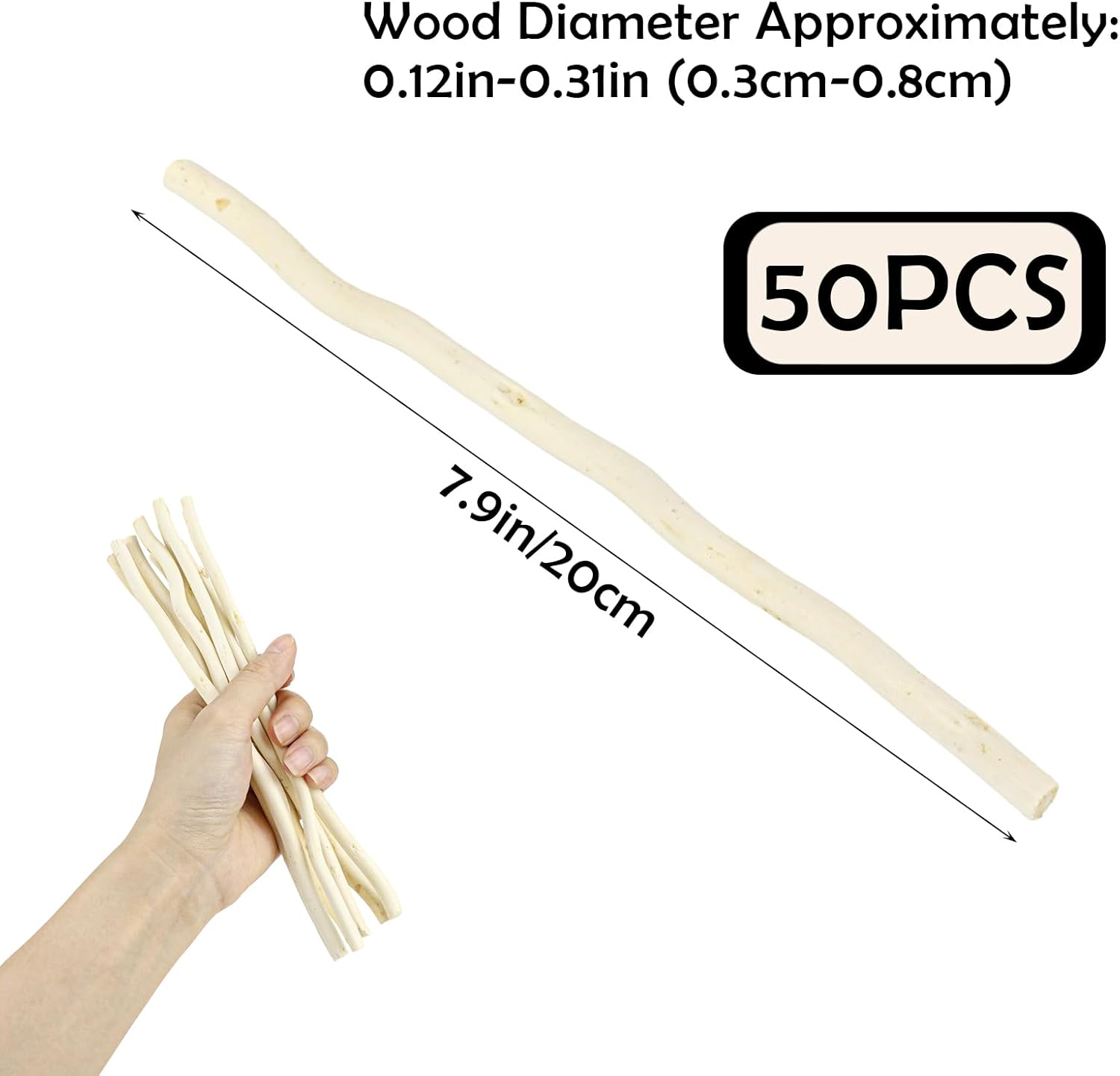 50Pcs Natural Twigs, Driftwood Branches, Unfinished Timber Rods for Model Making, Home Decor & Art Supplies (White 20CM)