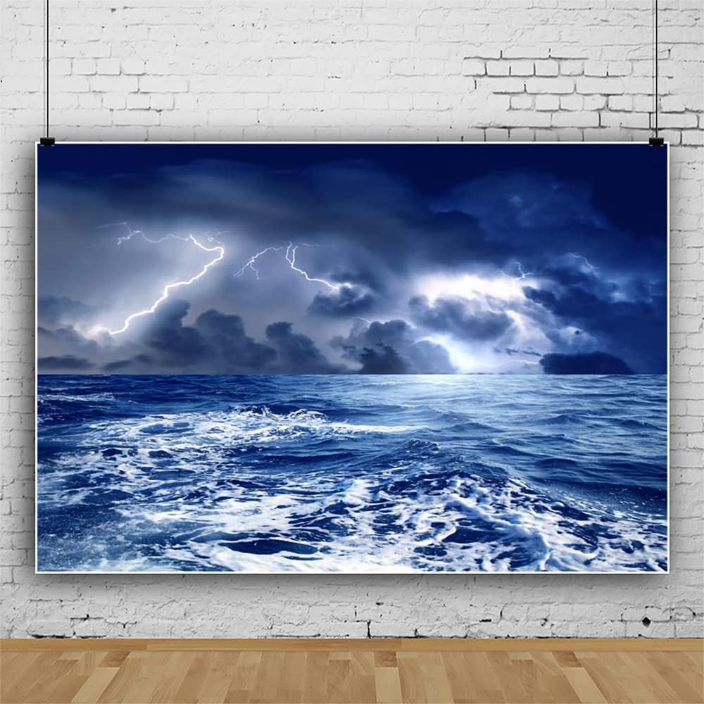 Renaiss Stormy Sea Backdrop for Photoshoot Adults Kids Portrait Dazzling Lightning Ocean Night Caribbean Sea Photography Background Birthday Nautical Pirate Themed Party Decor 12x8ft Photo Booth Prop