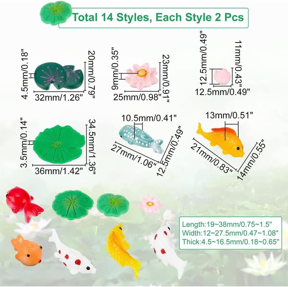 CHGCRAFT 28Pcs 14 Style Miniature Resin Water Lily Pads Aquarium Fish Tank Decoration Leaf-Realistic Artificial Floating Lotus Flowers for Terrariums Fairy Garden Pool Patio Pond Wedding Decor