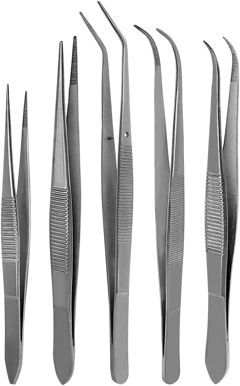 Splinter Forceps - Fine Point - Tweezers Stainless Steel Straight & Curved (Set of 5 Pcs. Str/Cud)