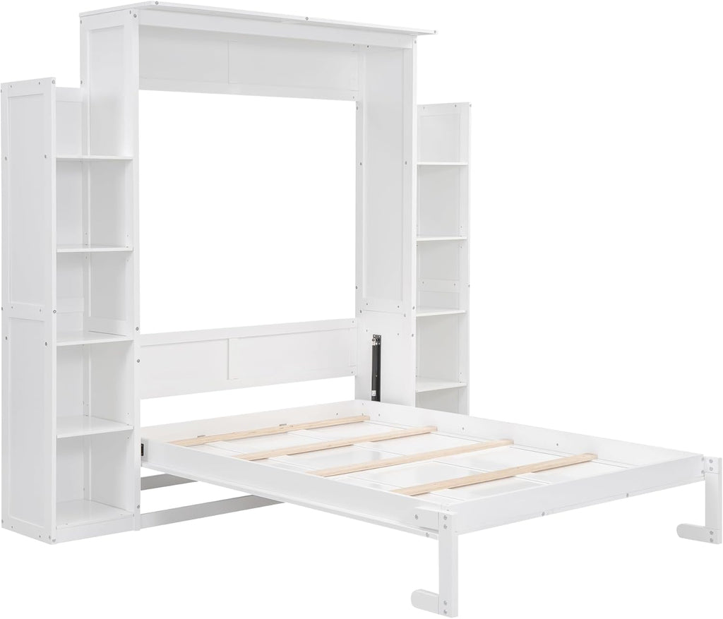 Queen Murphy Bed with Storage Shelves and LED Lights, Wood White Murphy Wall Bed Cabinet with Bookcase Bookshelf for Adults