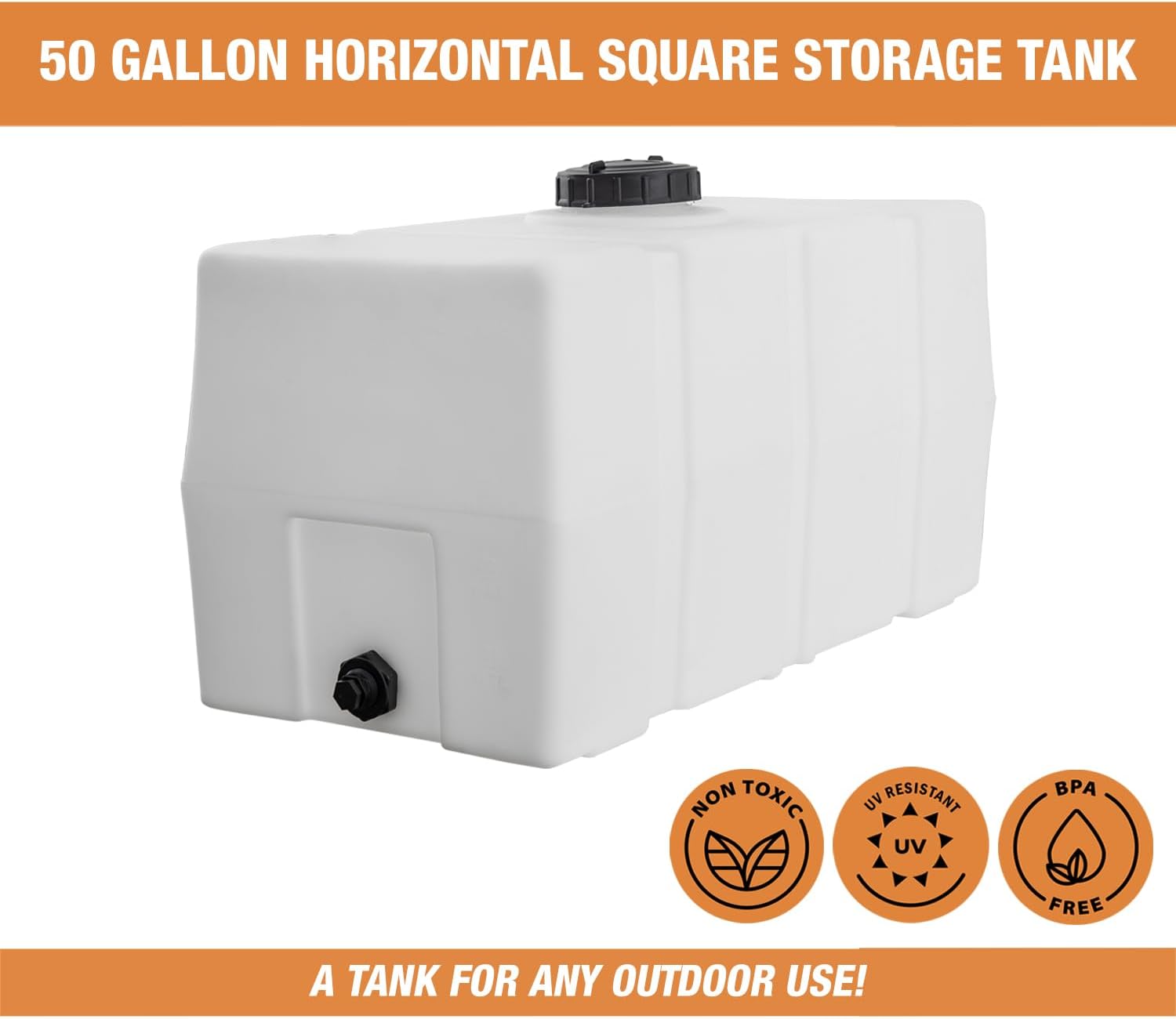 RomoTech 82123919 Horizontal Square Reservoir Water Tank, 50 Gallon, Made in USA, Natural Poly Tank for Non-Flammable Liquids, UV-Resistant, Ideal for Agricultural Use, RV Water Storage