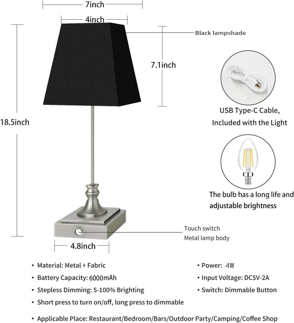 Rechargeable LED Table Lamps with Stepless Touch Control,Sliver Cordless Lamp for Living Room&Bedside&Patio&Shower,Small Desk Lamp(6000mAH Battery),1 Pack for Home Decor,Best Gifts for Family
