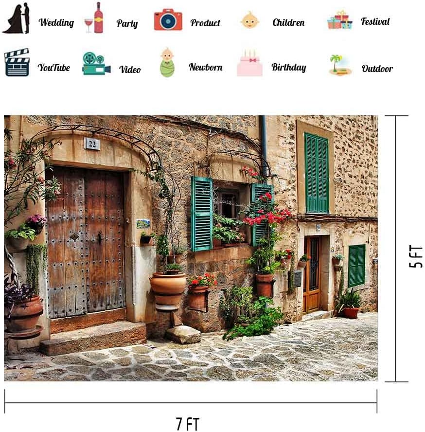 EOALOR 7(W) x5(H) FT Streets Mediterranean Towns Photography Backdrop, Flower Door Windows Wall European Travel Hiking Party Background, Photo Booth Room Studio Props 10646