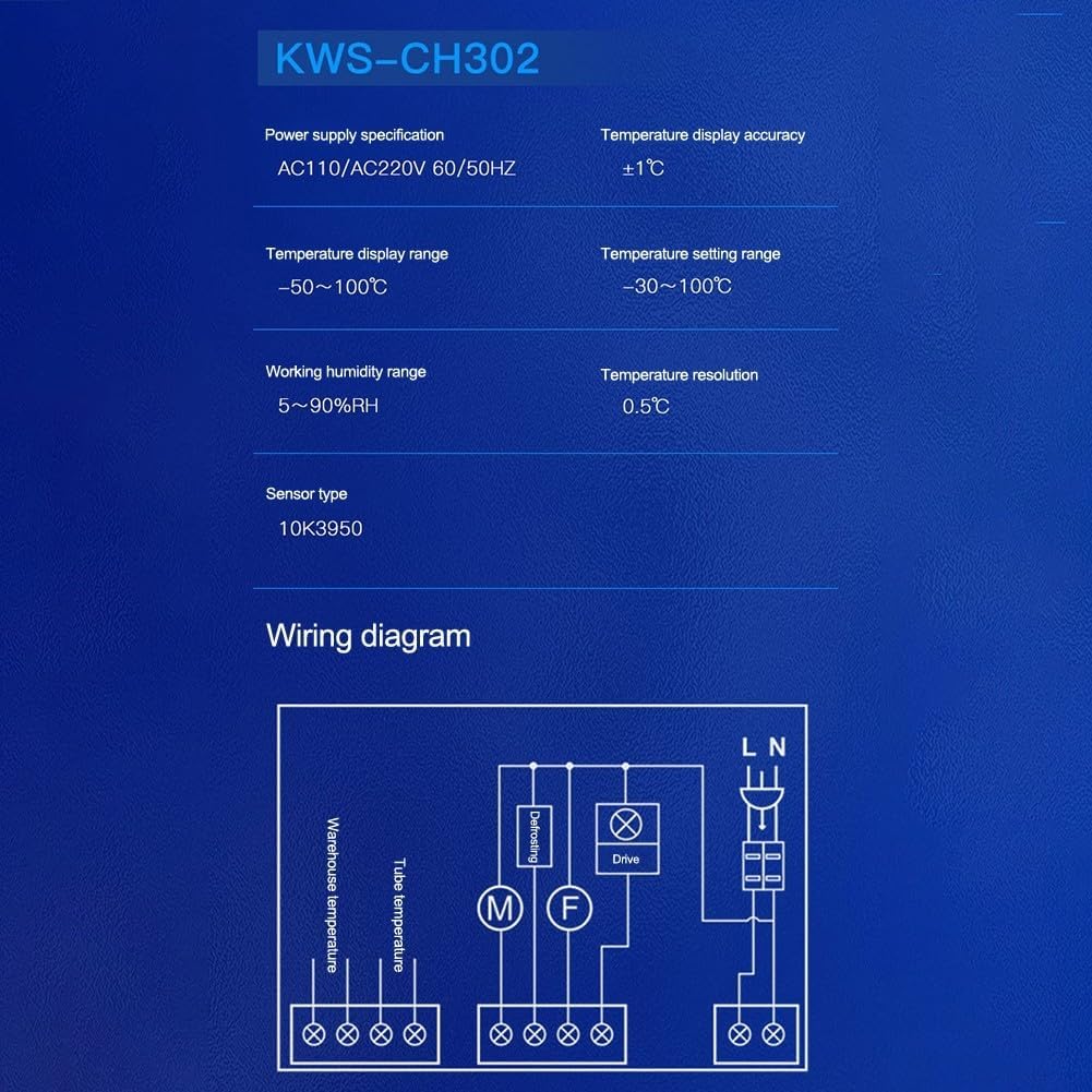 FABULETTA KWS-CH302 Intelligent Temperature Controller with Dual Sensor for Refrigeration, Defrosting and Alarm, AC110V/AC220V, Digital Thermostat for Industrial PLC Module Integration