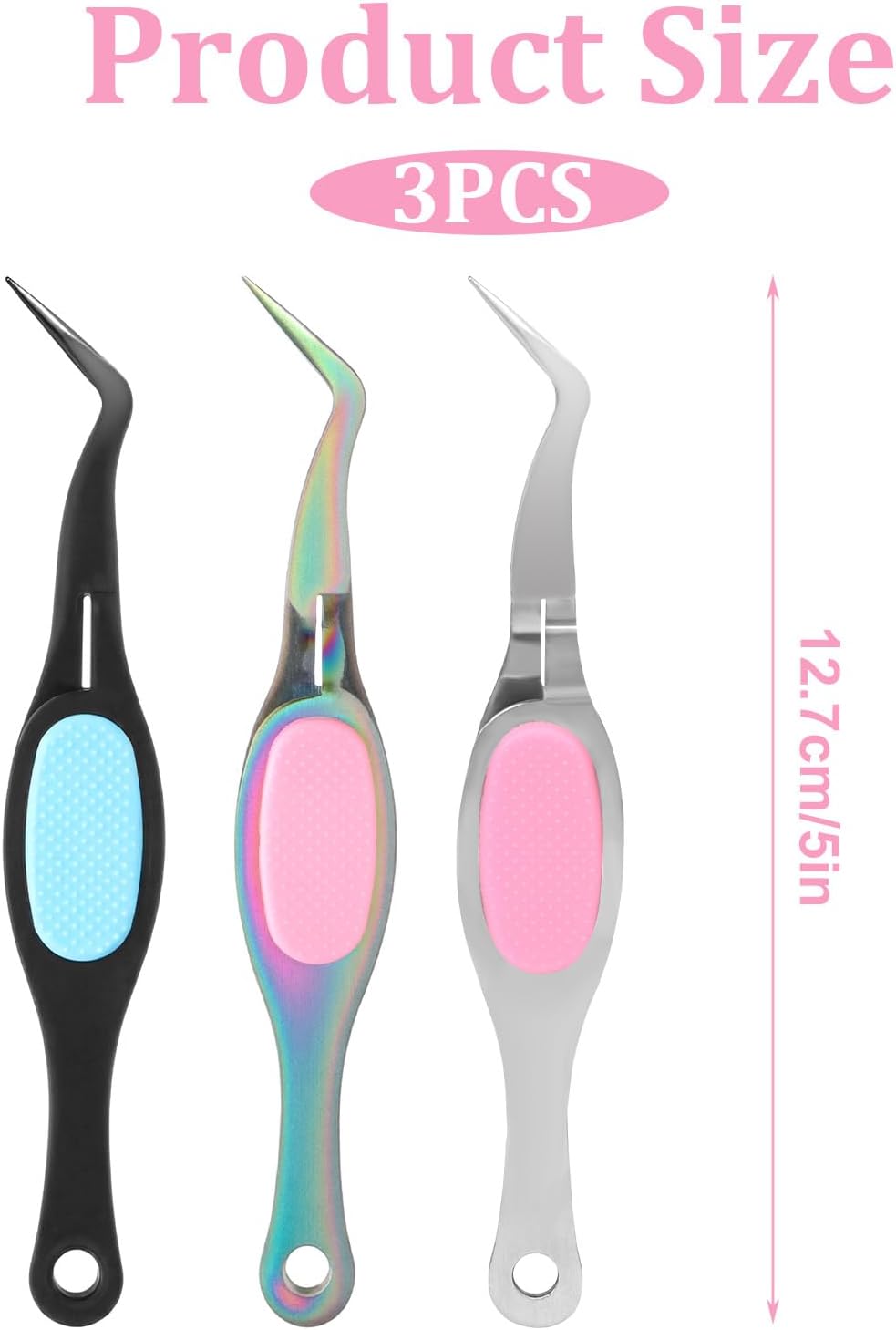 3 Pack Reverse Tweezers Craft Sticker Tweezer Crossing Locking Curved Crafting Tweezers, Stainless Steel Curved Tip Tweezer for Jewelry Beading, Electronics DIY Craft (Rainbow, Silver, Black)