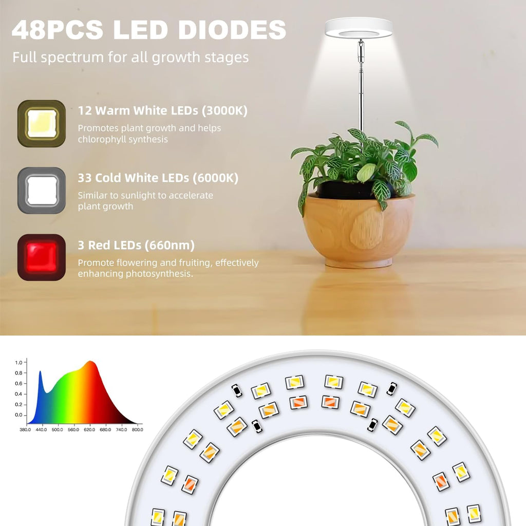 Grow Lights for Indoor Plants, 48 LEDs Full Spectrum Halo Plant Light for Indoor Plants, Height Adjustable Growing Lamp with Detachable Base, 3/9/12Hrs Timer, 10 Brightness, 3-Pack
