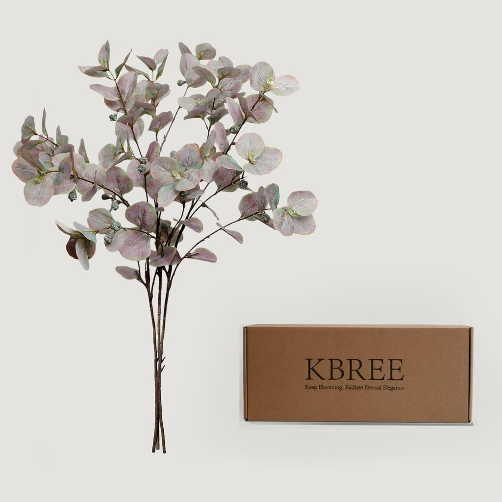 KBREE 41.3" Eucalyptus Stems, 3 Pcs Faux Eucalyptus with Seed Pods, Extra Long Stems Greenery Decor for Tall Vase, Home, Wedding & Office (Dusty Purple Green)