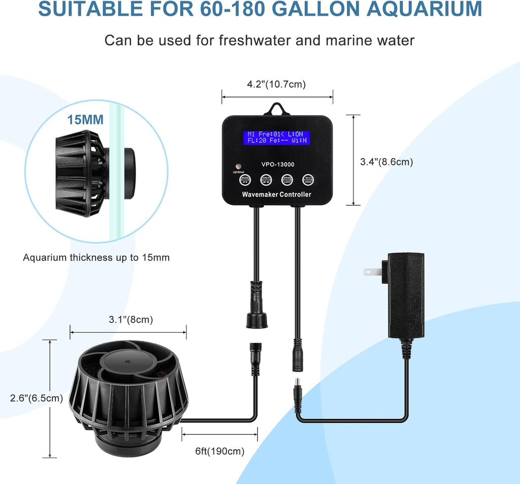 3400GPH Aquarium Wave Maker DC 24V Powerhead with Magnetic Mounting Wavemaker with Controller and LED Display Circulation Pump for 40-180 Gallon Tank (3400GPH) Black