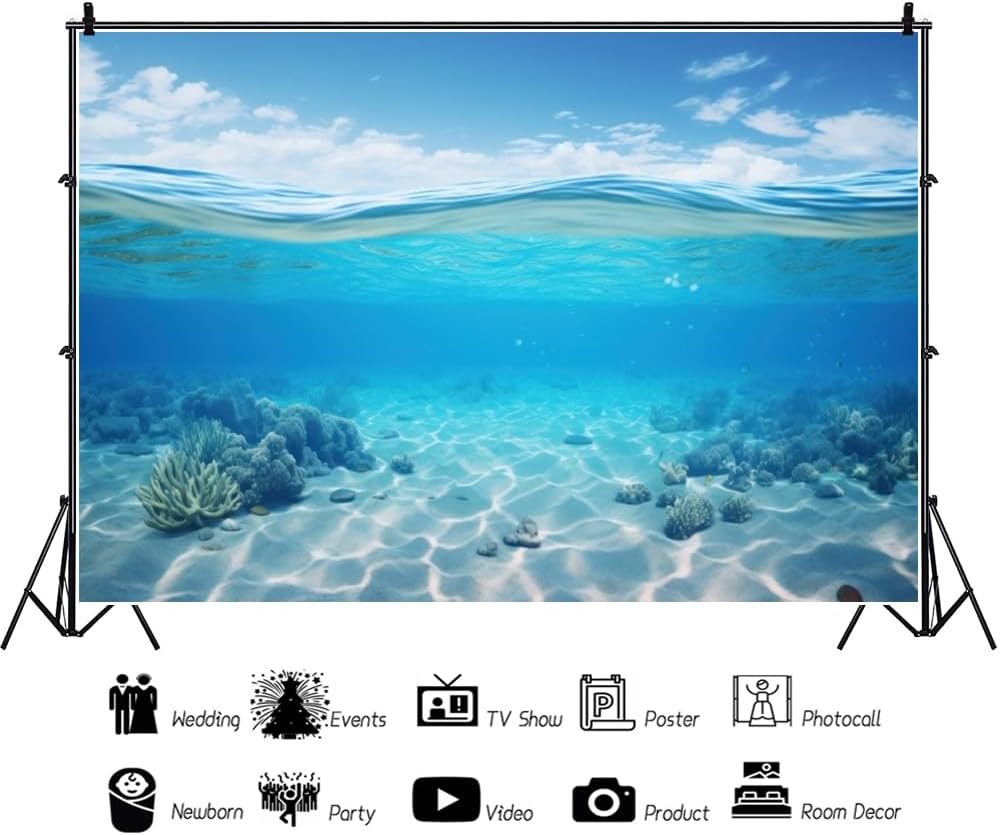 Renaiss 12x8ft Underwater Seascape Backdrop Blue Sky Sea Level Undersea Background Under The Sea Water Diving Mermaid Party Banner Sunlight Corals Seabed Fish Tank Aquarium Decor Photo Booth Props