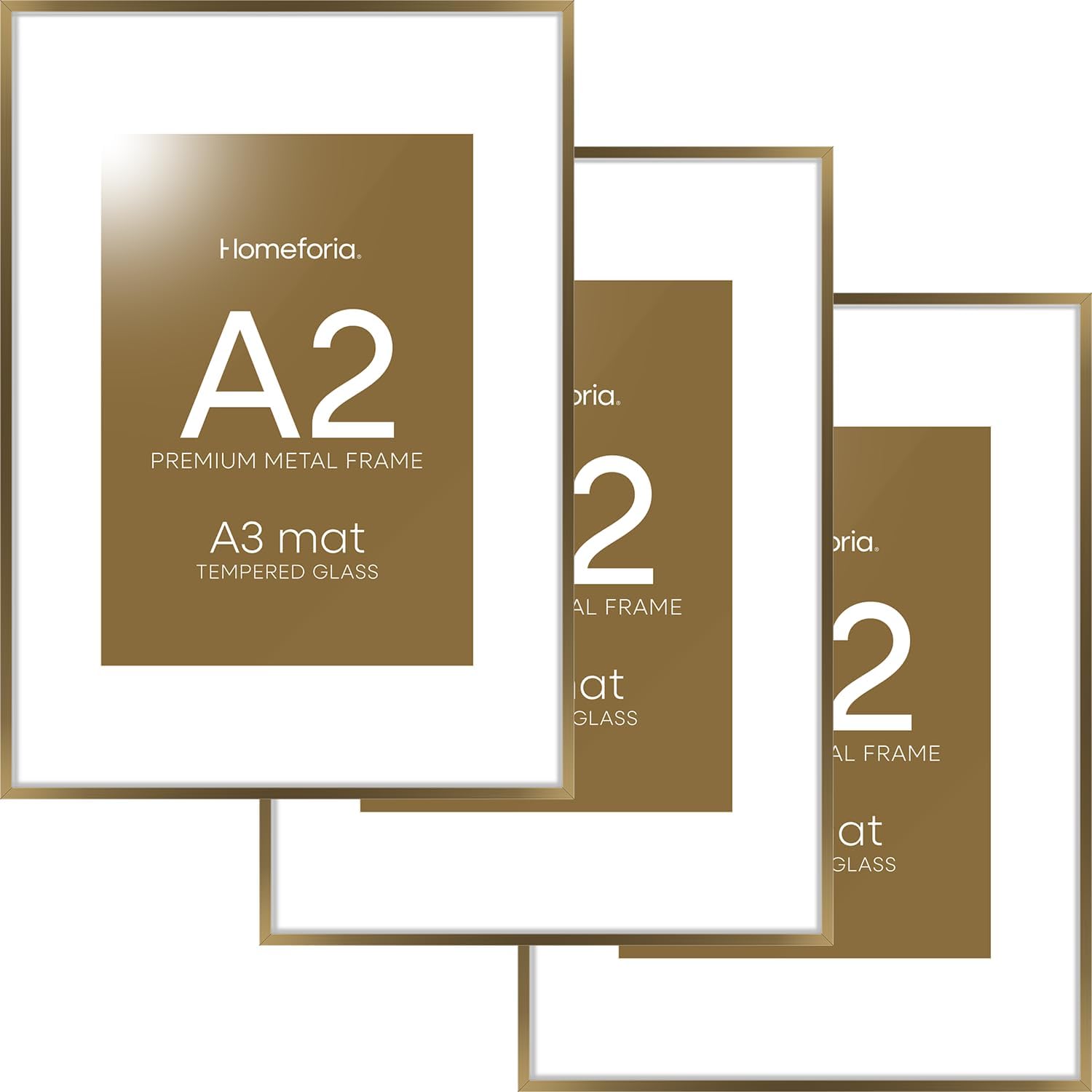 Homeoforia A2 Picture Frame Bronze, High End Metal 16.5 x 23.4 inch Poster Frames with Mat 11.7 by 16.5 Photo, A2 Size Brass Frame Matted to A3 Print, 16.5x23.4 Hanging Frame, Tempered Glass, Set of 3