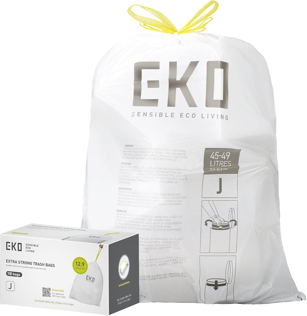 EKO 12.9 Gallon / 45-49 Liter, 110 Count Drawstring Trash Bags, Extra-Strong Unscented Garbage Bags, Easy-Dispense Roll for Kitchen & Household Use, Resists Tears, Leaks and Punctures, Code J, White