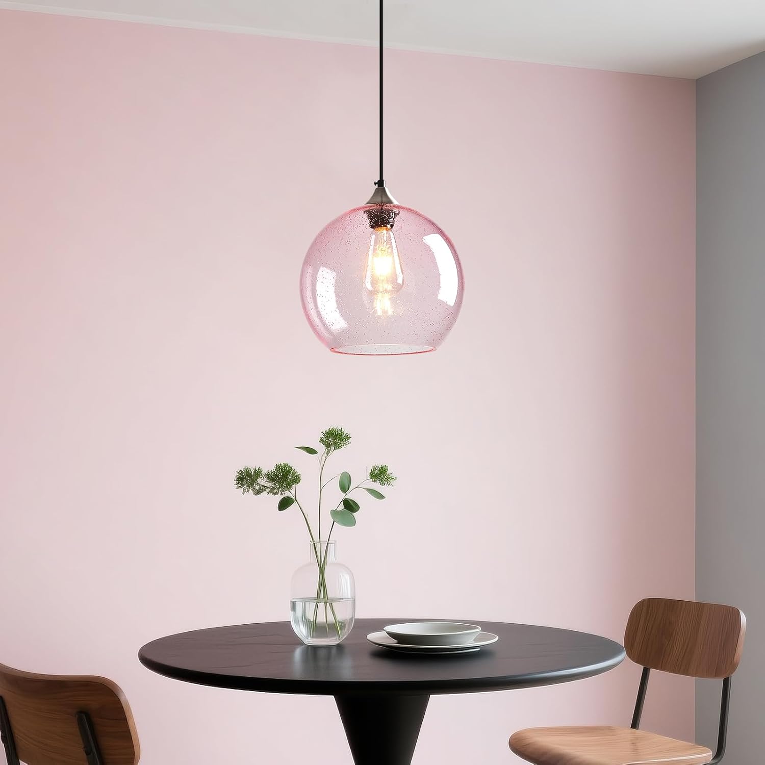 Pink Glass Pendant Lights Kitchen Island Globe Pendant Light Fixtures Modern Pendant Lighting for Bedroom Living Dining Room Light Fixture (9.84 in, 1 Pack)