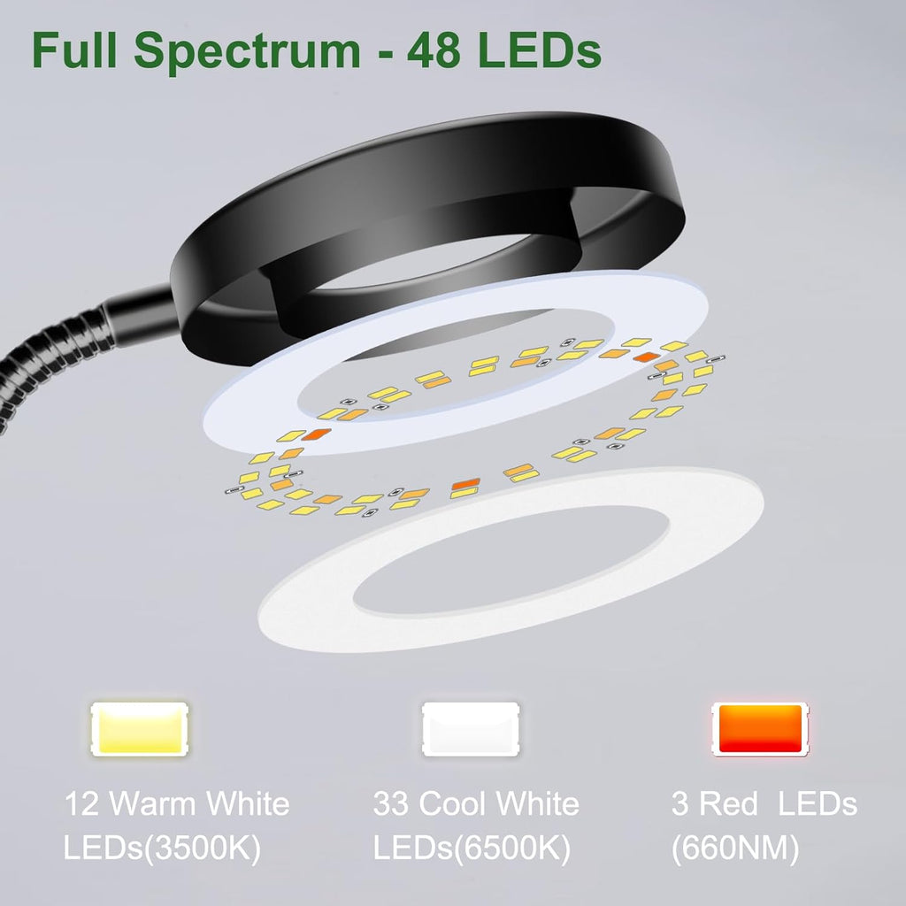 Wolezek 2 in 1 Grow Lights for Indoor Plants, 3 Colors Plant Lights for Indoor Growing with 360° Gooseneck, 48 LEDs Full Spectrum Plant Grow Lights Indoor, 6/12/16H Timer, 5 Brightness, Black 1 Pack