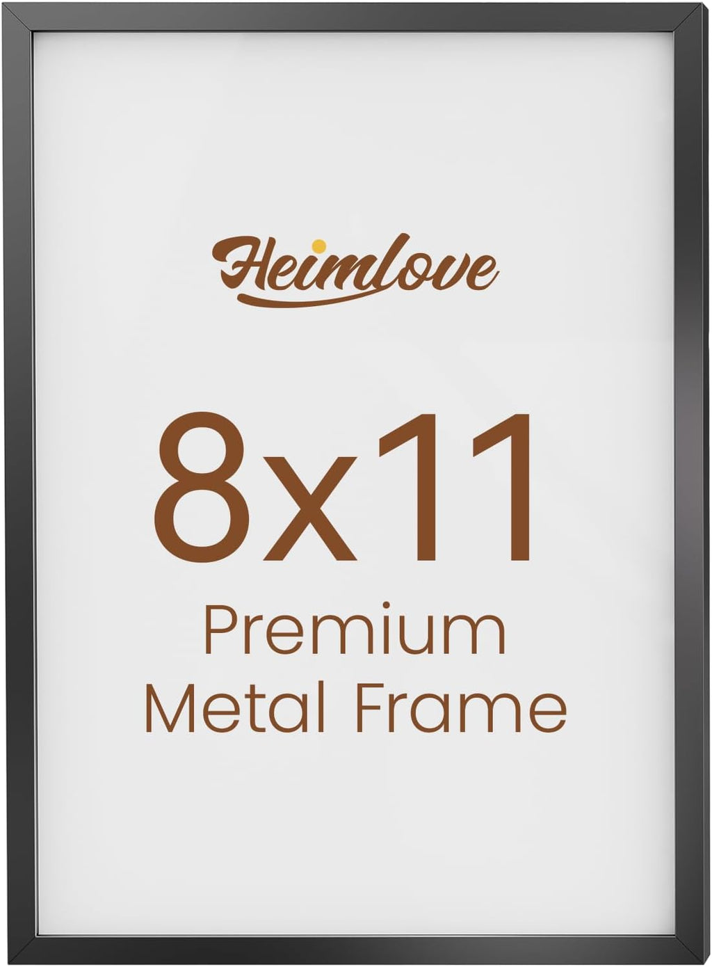Heimlove 8x11 Metal Picture Frame,Black Aluminum Photo Frames-Real Tempered Glass,Tabletop Display,Mounting Horizontally or Vertically Decor for Wall-1Pack