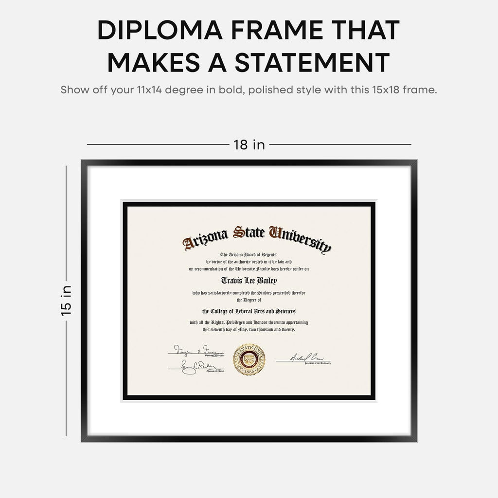 Homeforia 15x18 Diploma Frame Black, High End Metal 15 x 18 Black Certificate Frame with Mat 11 x 14, 18x15 Document Frame Matted to 11x14, Graduation Degree Frames, Tempered Glass, Wall Kit, Set of 1