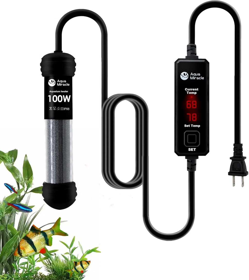 AquaMiracle 100W Small Aquarium Heater Fish Heater, Super Mini Fish Tank Heater Turtle Tank Heater for 10-20 Gal Tanks, with Dual LED Display, Dry-Run/Overheating Protection & Memory Function
