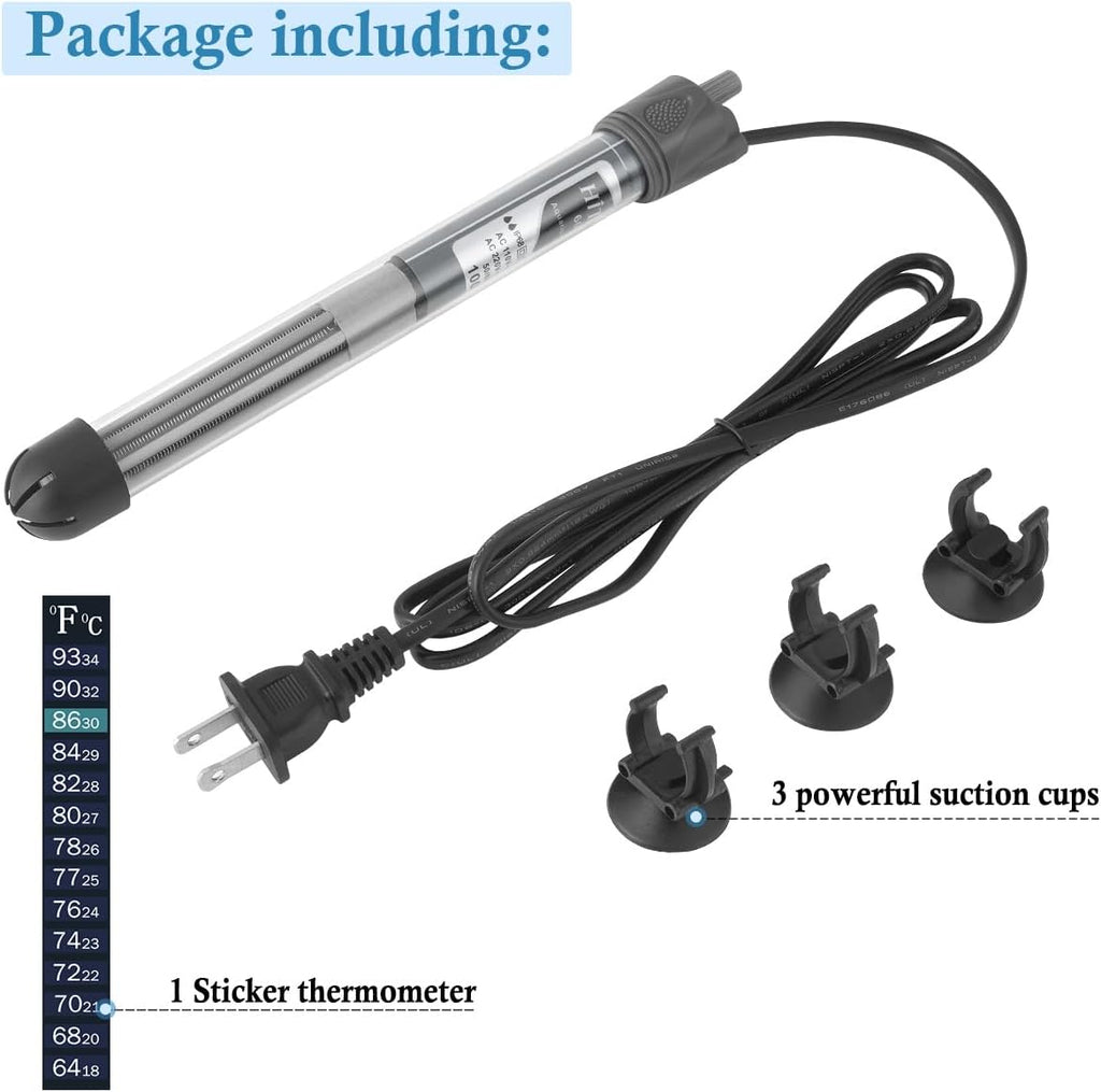 HITOP 25W 50W 100W 200W 300W Adjustable Aquarium Heater, Submersible Fish Tank Heater Thermostat with Suction Cups (100W-grey)