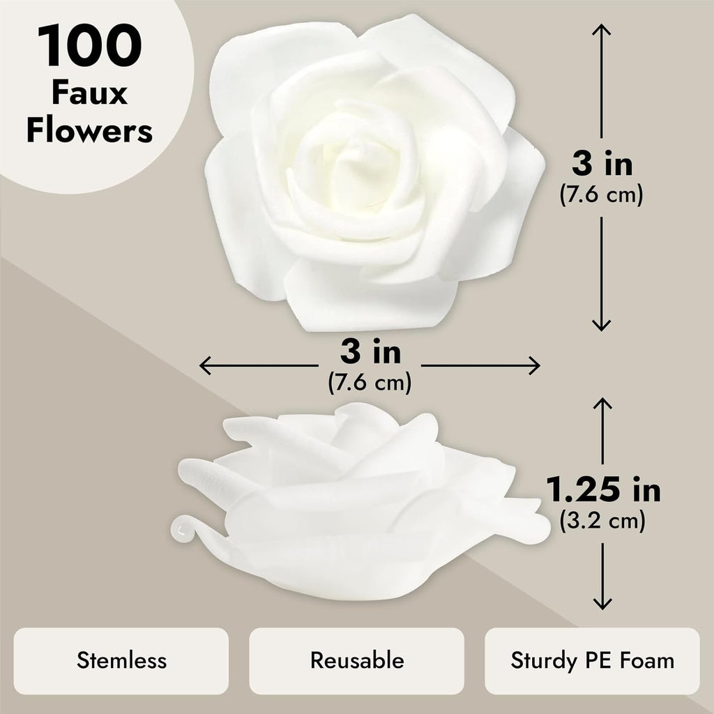 Juvale White Flowers Artificial Roses - Artificial Flowers for Wedding Decor & Centerpiece Table Decorations - 100-Pack, 3 in Diameter, White