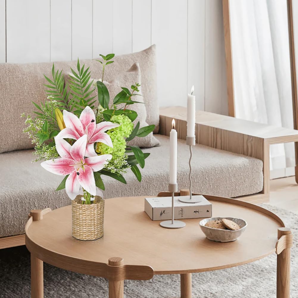 Hollyone Fake Flowers with Vase, Easter Lily Flowers, Pink Silk Tiger Lily and Hydrangea Artificial Flowers in Vase, Faux Plants and Flowers Arrangement Bouquets for Table Centerpieces Home Decor