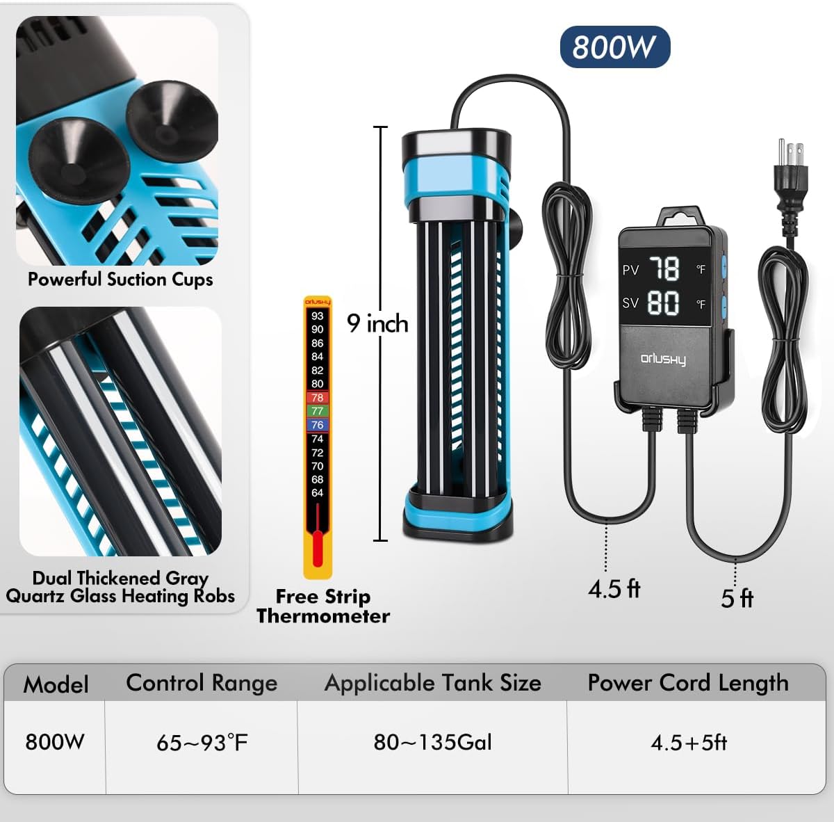 Orlushy 800W Submersible Aquarium Heater, Adjustable Fish Tank Heater with Digital Display External Controller, Overheat Protection and Free Thermometer for 80-175 Gallon Freshwater and Saltwater Tank