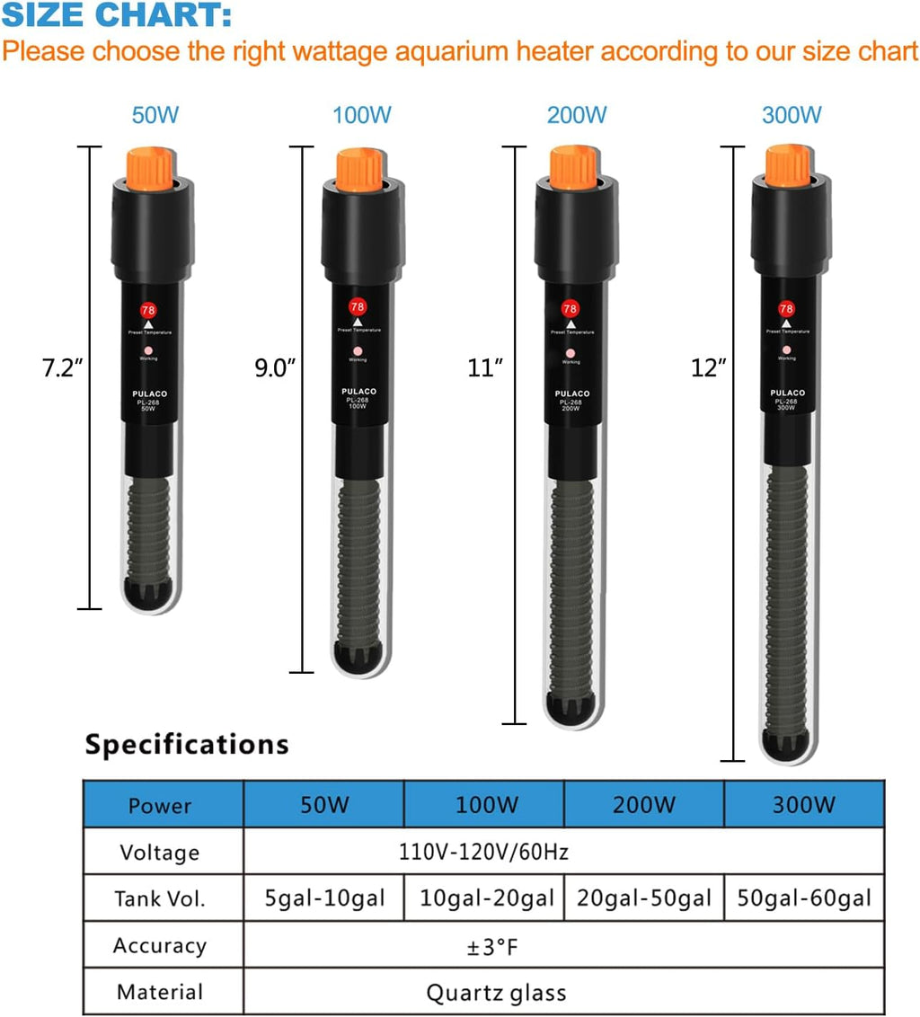 PULACO 200Watt Aquarium Heater for 20-40 Gallon Fish Tank, Adjustable Submersible Heater Thermostat with Thermometer Strip and Suction Cup