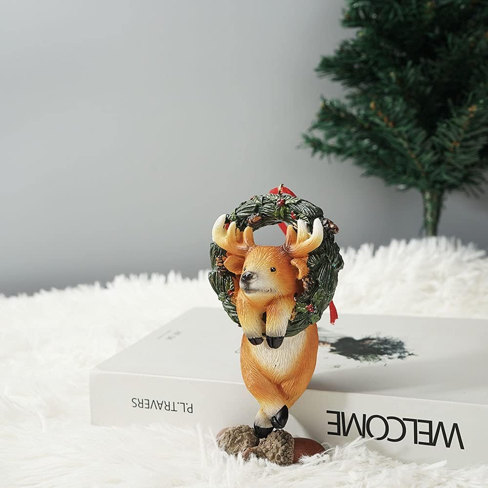 Christmas Small Animal Wreath Swing Ornament Hanging Decor for Xmas Tree Home Office Room Decoration with String (New, Elk)