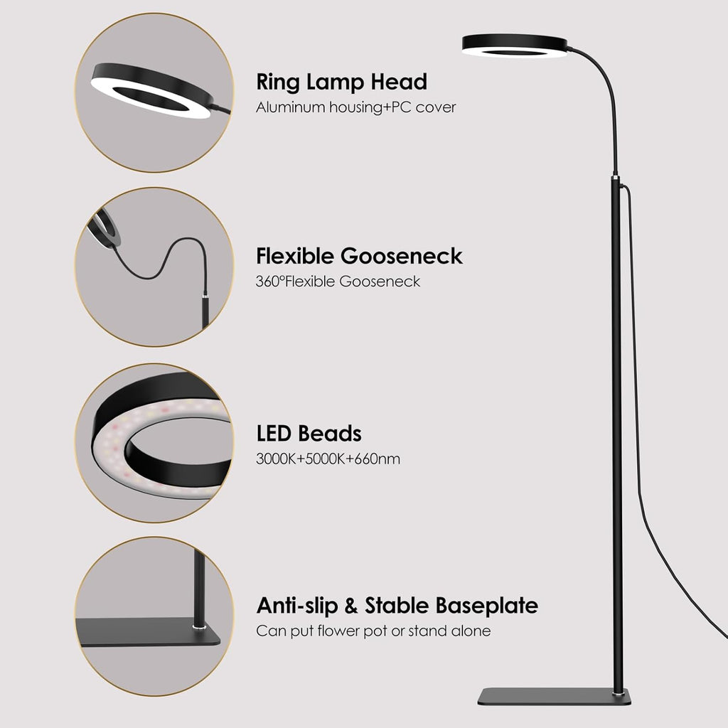 GLOWRIUM Grow Lights for Indoor Plants, Full Spectrum LED Grow Light Floor Lamp with Stand Adjustable Height and Angle, Black Plant Light with 3/9/12H Grow Light Timer (Black, 20W)