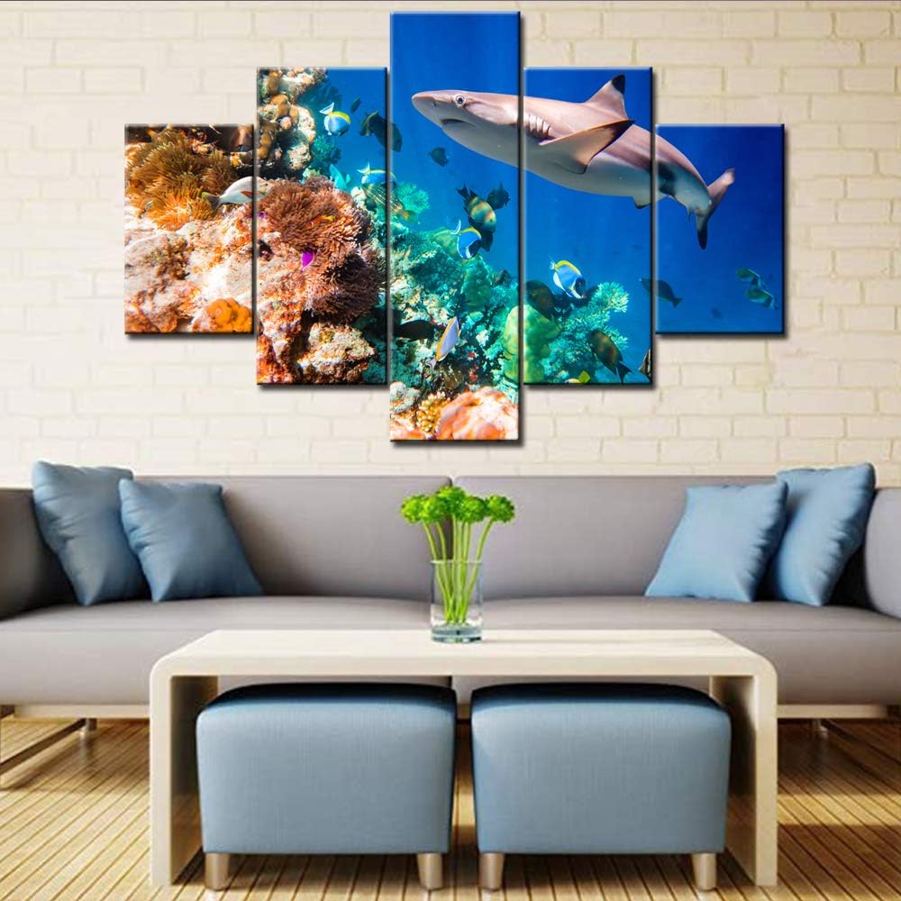 Shark Artwork for Walls Underwater World Picture Tropical Fishes Painting Multi Panel Prints Canvas Coral Reef Wall Art Home Modern Decor Stretched and Framed Ready to Hang in Living Room(60''Wx40''H)